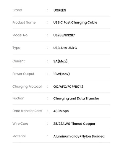 Cabo USB Tipo C UGREEN 3A 18 W Carregamento rápido